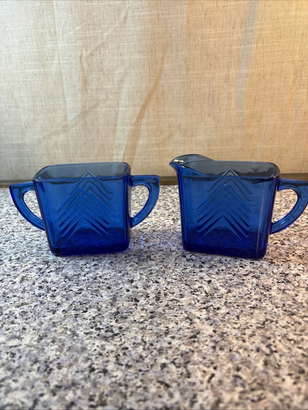 Vintage Hazel Atlas Cobalt Blue Chevron Depression Glass Cream & Sugar Set